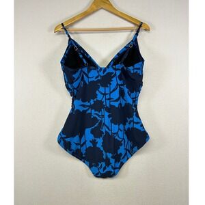 Tropical Floral Lands' End Women 16 Blue Ruched V-Neck One Piece Swimsuit